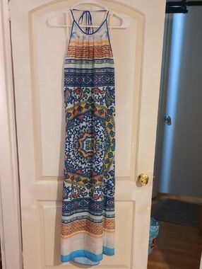 Clover Canyon Halter Backless Blue Multicolor Boho Print Dress